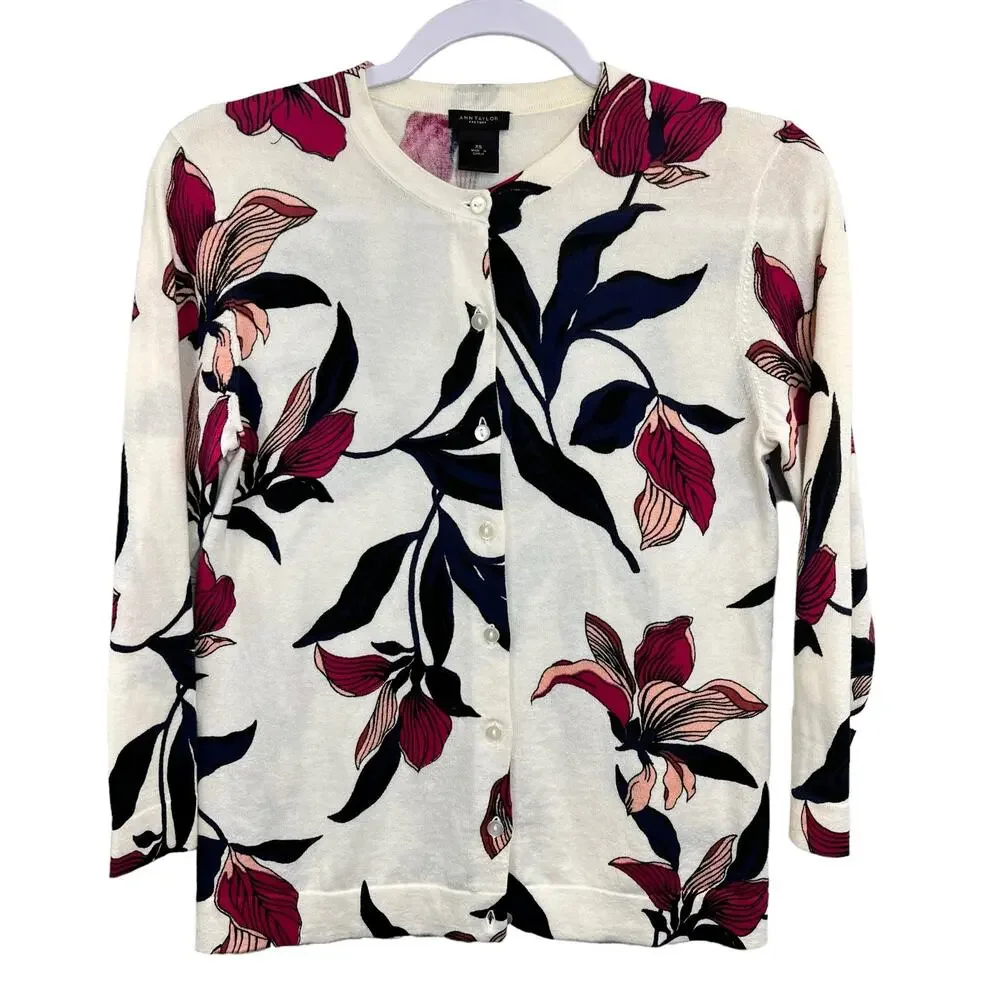 Ann Taylor Factory Floral Cardigan XS 100% Cotton‎ Button Front Lightweight Knit